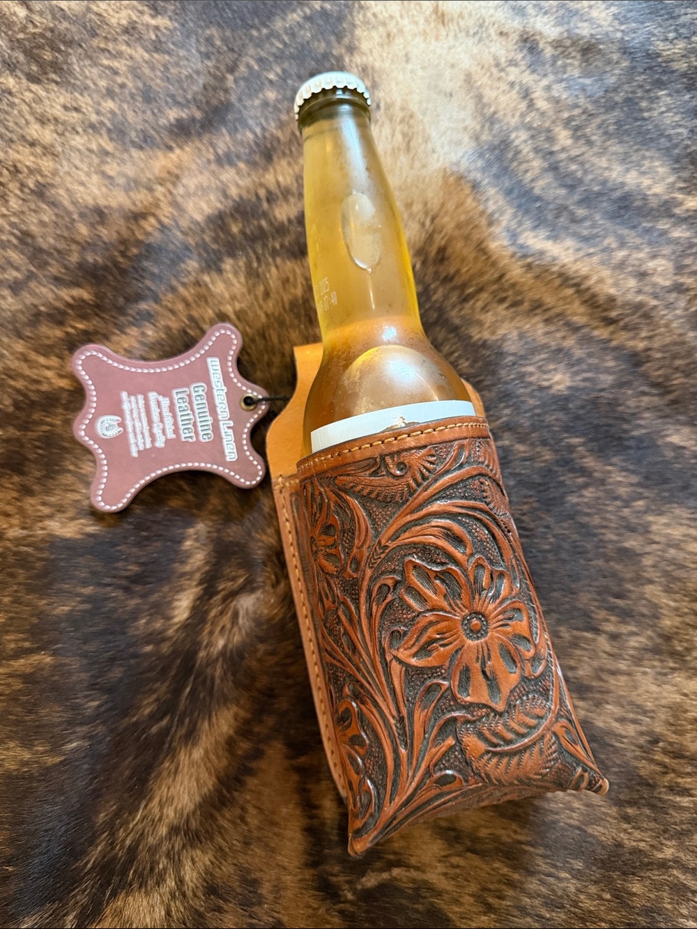 Hand-Tooled Brown Leather Beer Holster for Men